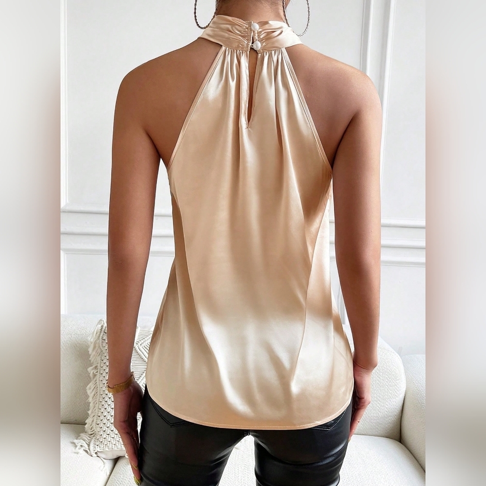 Solid Criss Cross Halter Neck Satin Blouse - Picture 2 of 4